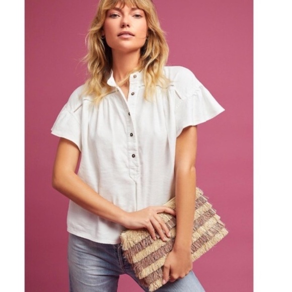 Anthropologie Maeve Sylvan White Linen Top Ruffle Flutter Sleeve Henley Size M - Picture 7 of 11